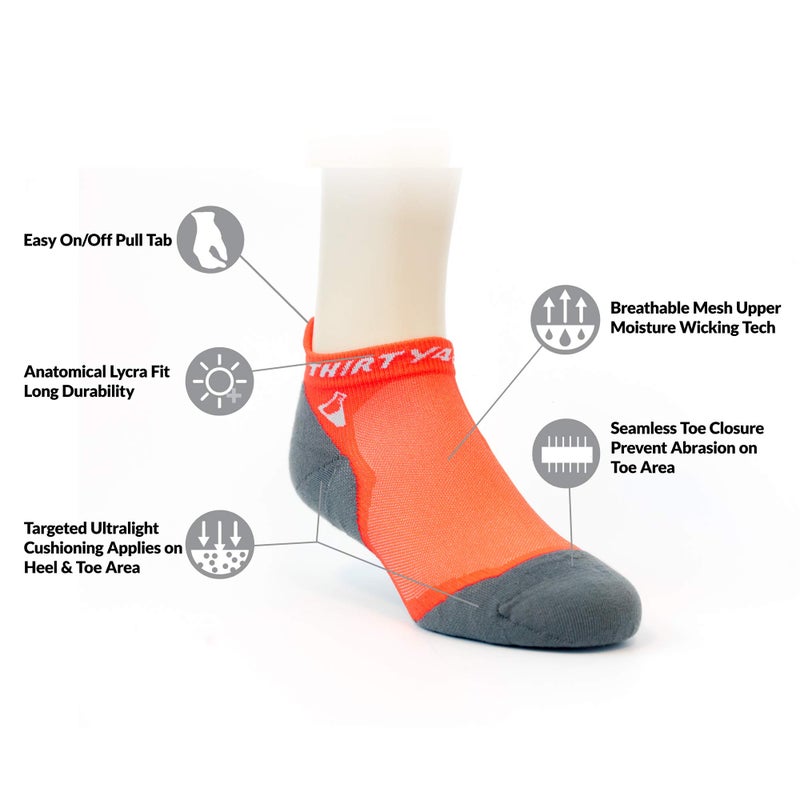 Thirty48 Ultralight Athletic Running Socks for Men and Women with Seamless Toe, Moisture Wicking, Cushion Padding (Medium - Women 7-8.5 // Men 8-9.5, [3 Pairs] Orange/Gray) - Image 2